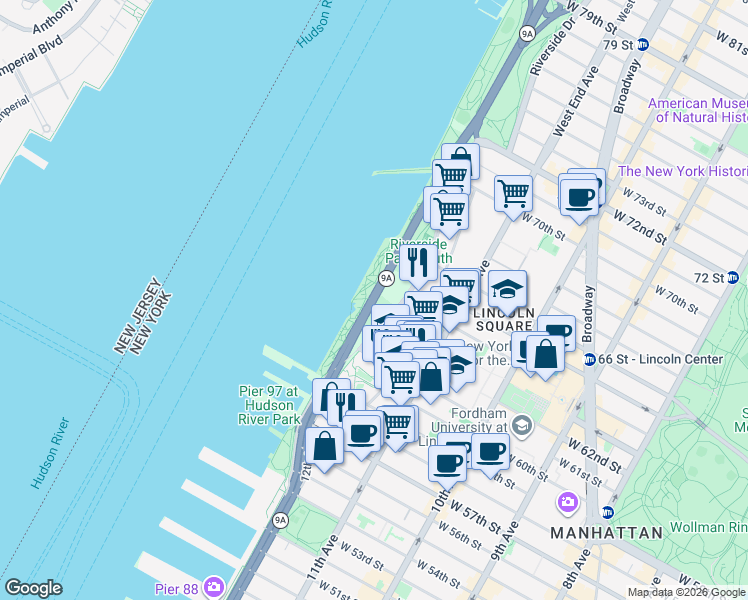 map of restaurants, bars, coffee shops, grocery stores, and more near Joe DiMaggio Highway in New York