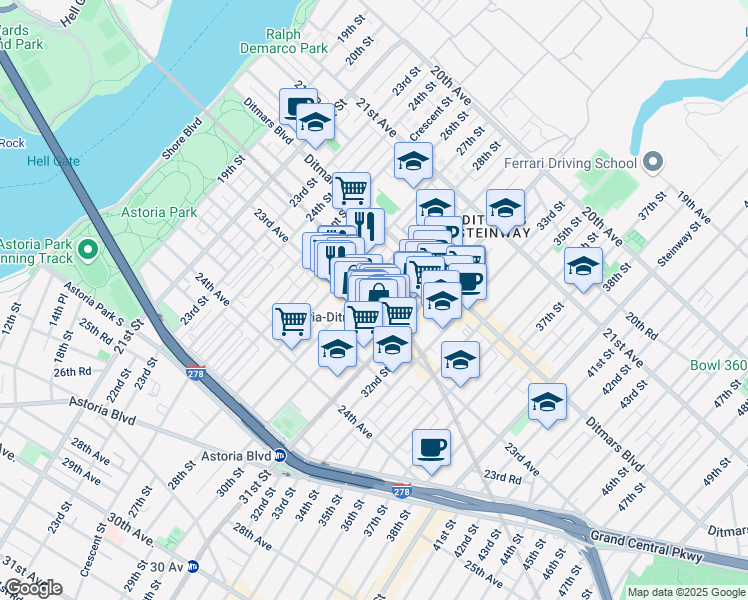 map of restaurants, bars, coffee shops, grocery stores, and more near 22-64 28th Street in Queens