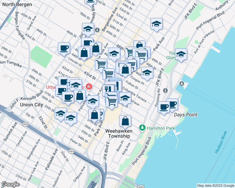map of restaurants, bars, coffee shops, grocery stores, and more near 4300 Park Avenue in Weehawken