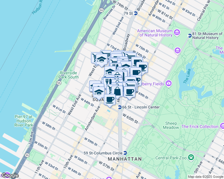 map of restaurants, bars, coffee shops, grocery stores, and more near 179 West 68th Street in New York