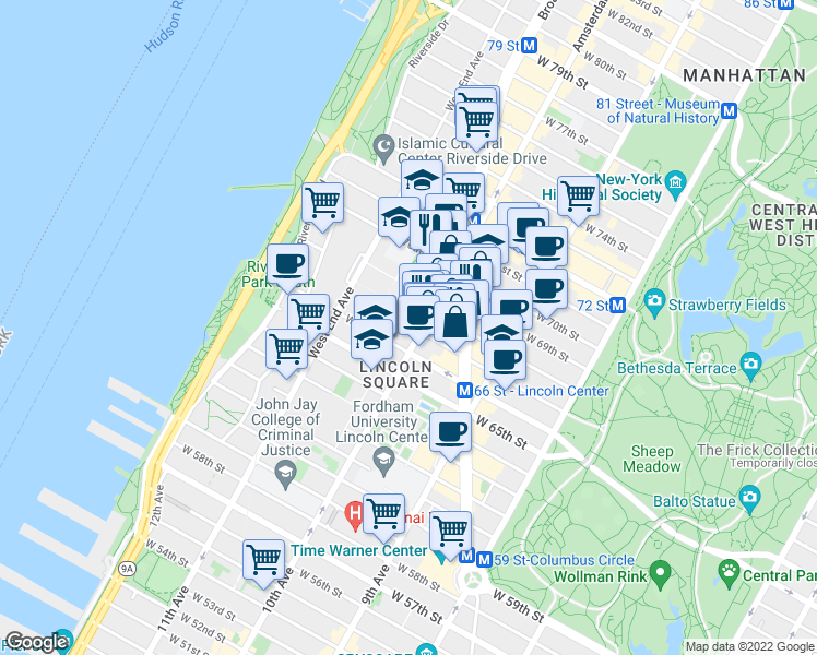 map of restaurants, bars, coffee shops, grocery stores, and more near 160 West End Avenue in New York