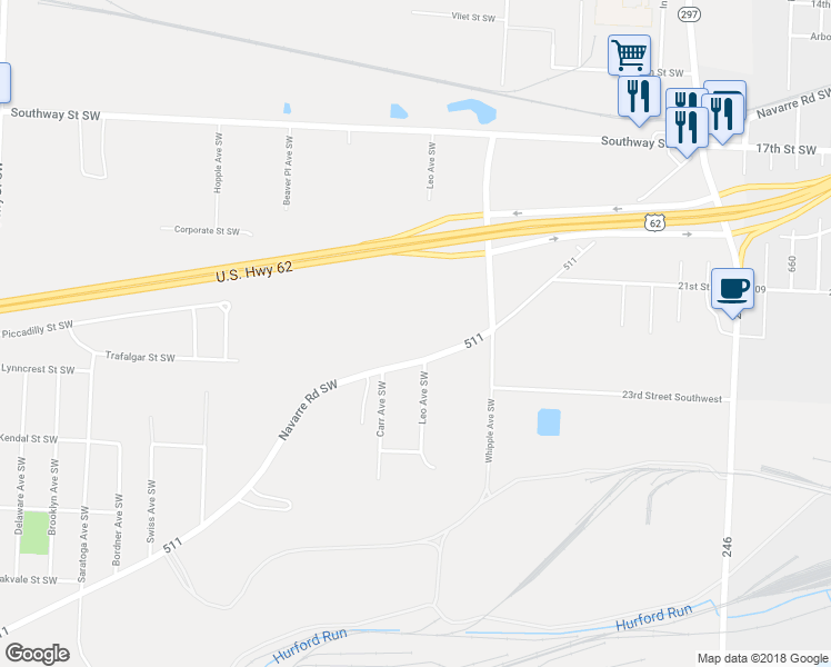 map of restaurants, bars, coffee shops, grocery stores, and more near 4501 Navarre Road Southwest in Canton