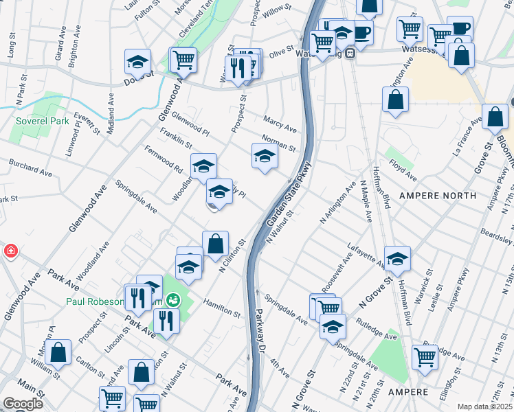map of restaurants, bars, coffee shops, grocery stores, and more near 13 Ely Place in East Orange
