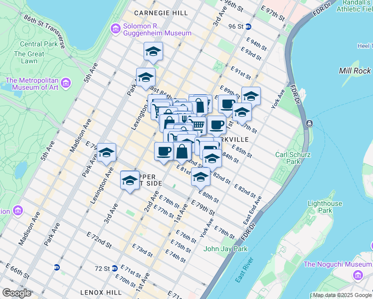 map of restaurants, bars, coffee shops, grocery stores, and more near 302 East 83rd Street in New York