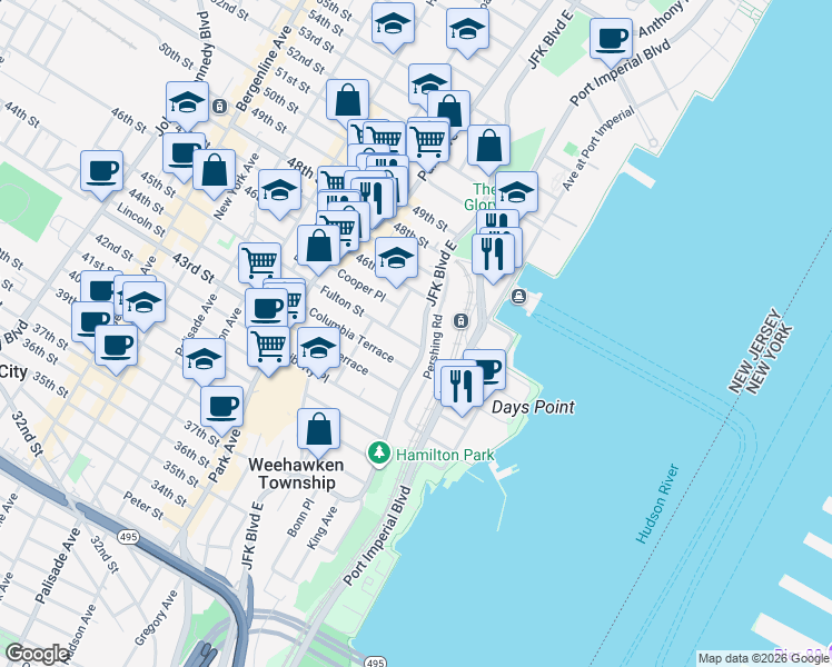 map of restaurants, bars, coffee shops, grocery stores, and more near 935 Boulevard East in Weehawken