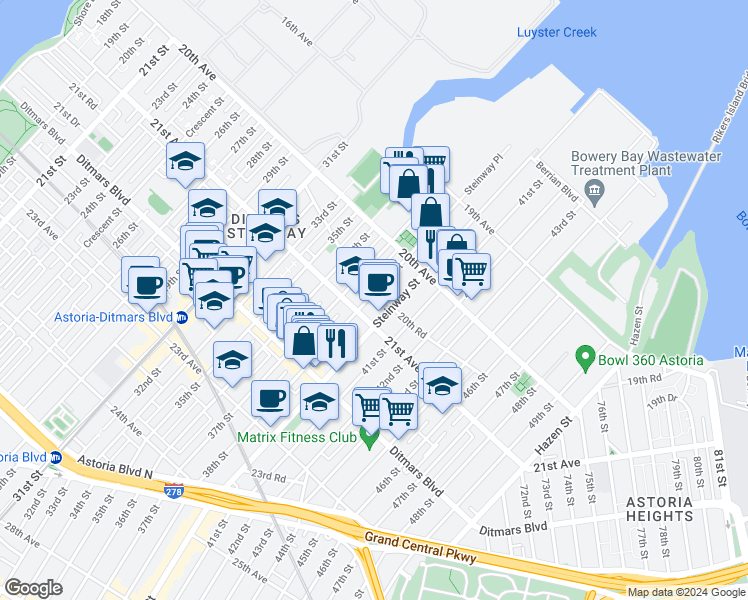 map of restaurants, bars, coffee shops, grocery stores, and more near 38-02 20th Road in Queens