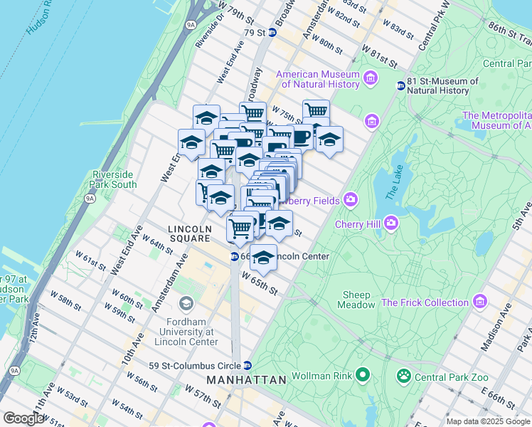 map of restaurants, bars, coffee shops, grocery stores, and more near 69 West 69th Street in New York