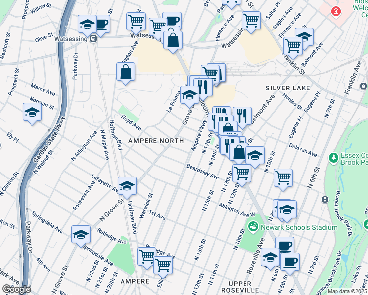 map of restaurants, bars, coffee shops, grocery stores, and more near 285 Ampere Parkway in Bloomfield