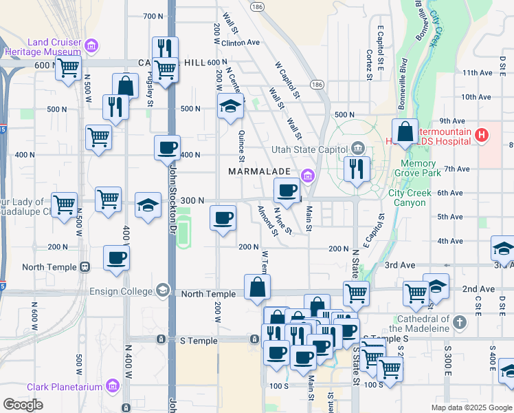 map of restaurants, bars, coffee shops, grocery stores, and more near 281 North Almond Street in Salt Lake City