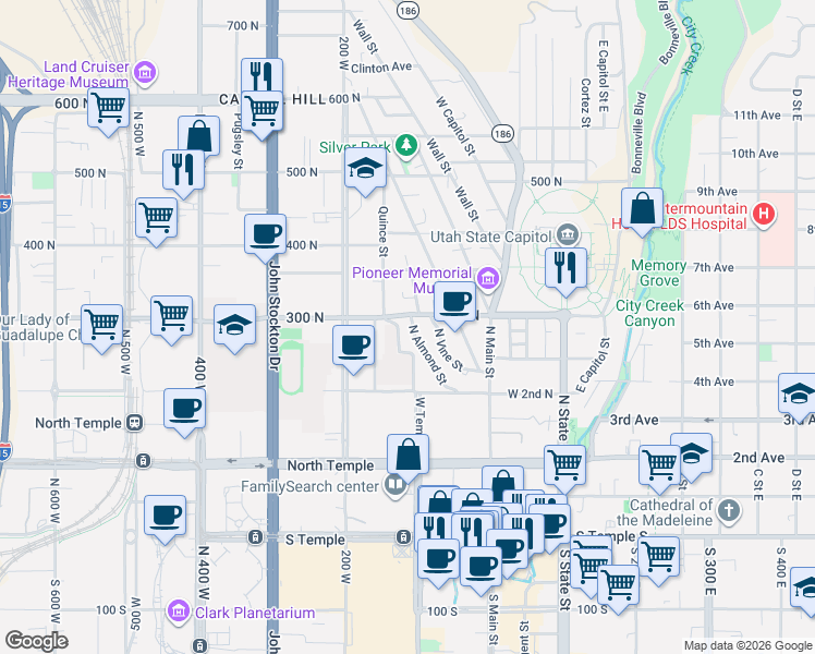 map of restaurants, bars, coffee shops, grocery stores, and more near 281 North Almond Street in Salt Lake City