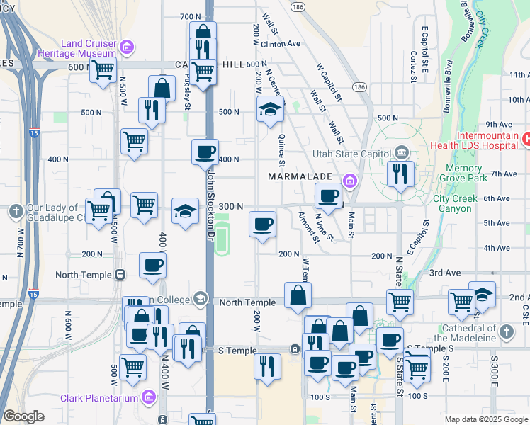map of restaurants, bars, coffee shops, grocery stores, and more near 177 West 300 North in Salt Lake City