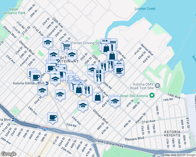 map of restaurants, bars, coffee shops, grocery stores, and more near 38-01 20th Road in Queens