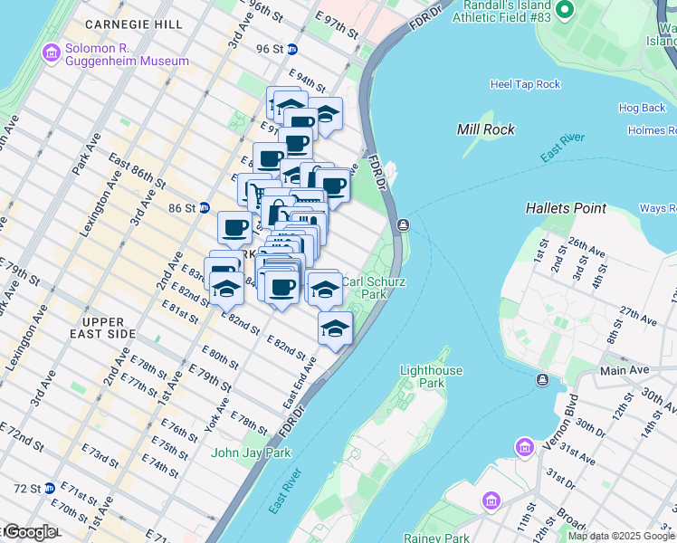 map of restaurants, bars, coffee shops, grocery stores, and more near 528 East 87th Street in New York
