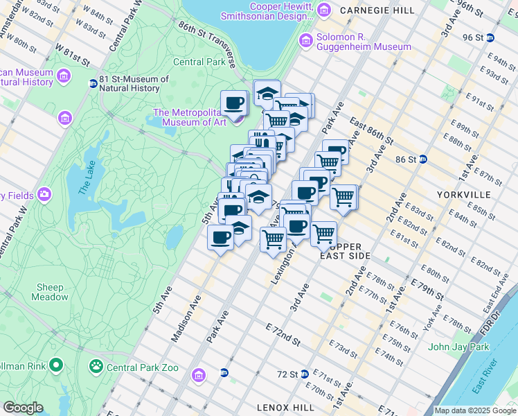 map of restaurants, bars, coffee shops, grocery stores, and more near 1045 Madison Avenue in New York