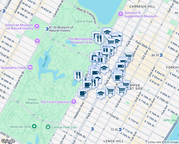 map of restaurants, bars, coffee shops, grocery stores, and more near 965 5th Avenue in New York