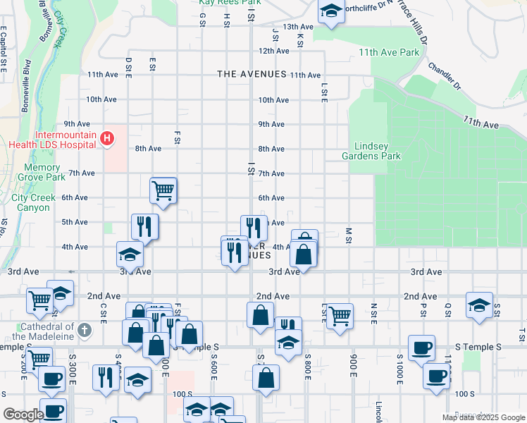 map of restaurants, bars, coffee shops, grocery stores, and more near 286 I Street in Salt Lake City