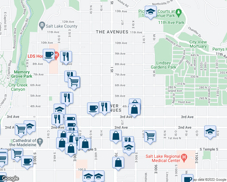 map of restaurants, bars, coffee shops, grocery stores, and more near 286 I Street in Salt Lake City
