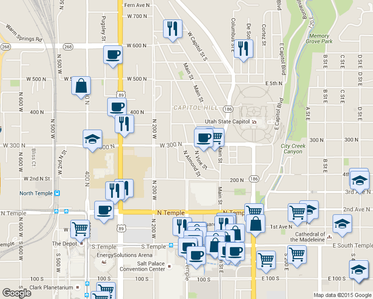 map of restaurants, bars, coffee shops, grocery stores, and more near 303 Almond Street in Salt Lake City