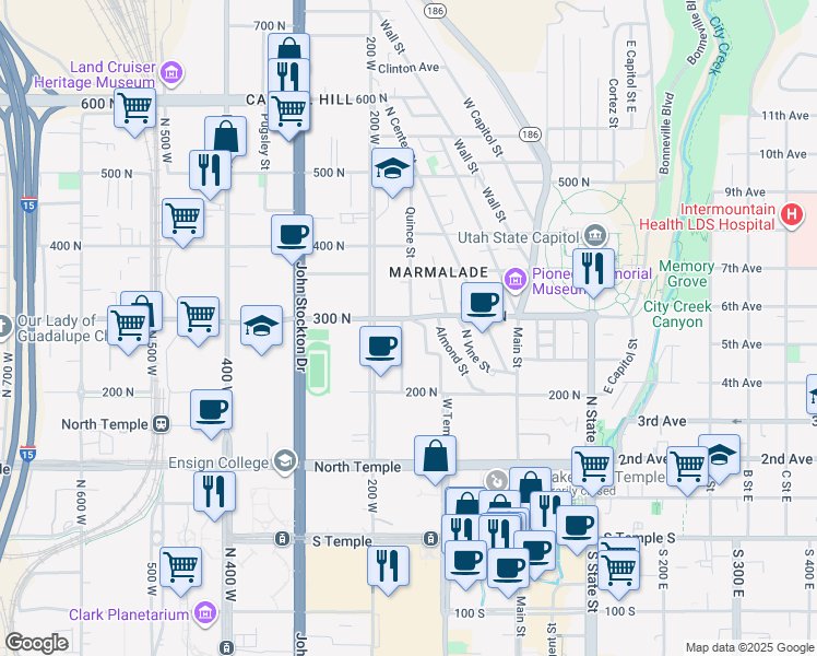 map of restaurants, bars, coffee shops, grocery stores, and more near 144 West 300 North in Salt Lake City