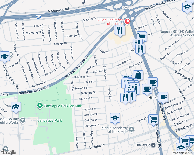 map of restaurants, bars, coffee shops, grocery stores, and more near 174 Princess Street in Hicksville