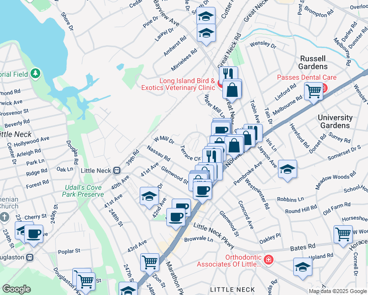 map of restaurants, bars, coffee shops, grocery stores, and more near 5 Terrace Circle in Great Neck