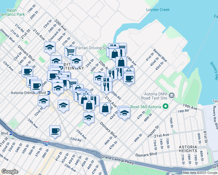 map of restaurants, bars, coffee shops, grocery stores, and more near 38-01 20th Road in Queens