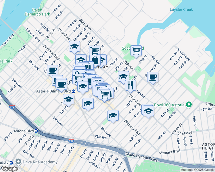 map of restaurants, bars, coffee shops, grocery stores, and more near 21-12 36th Street in Queens
