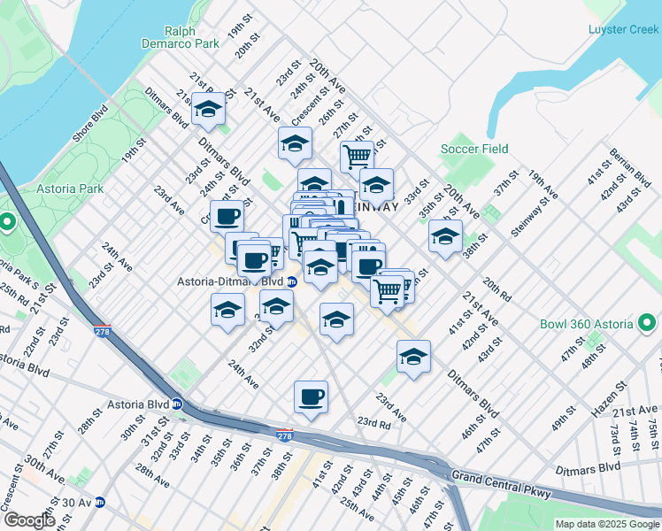 map of restaurants, bars, coffee shops, grocery stores, and more near 31-30 Ditmars Boulevard in Queens
