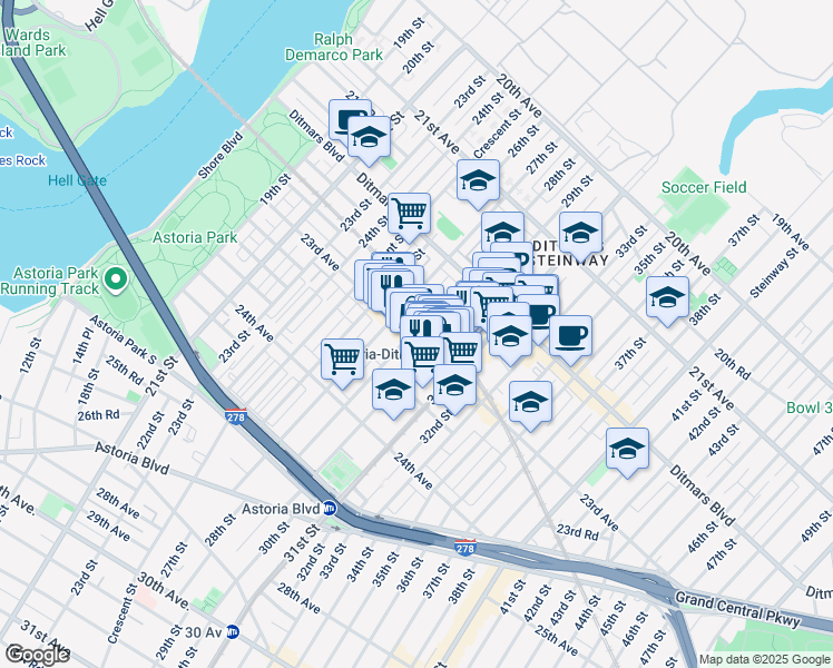 map of restaurants, bars, coffee shops, grocery stores, and more near 22-64 28th Street in Queens