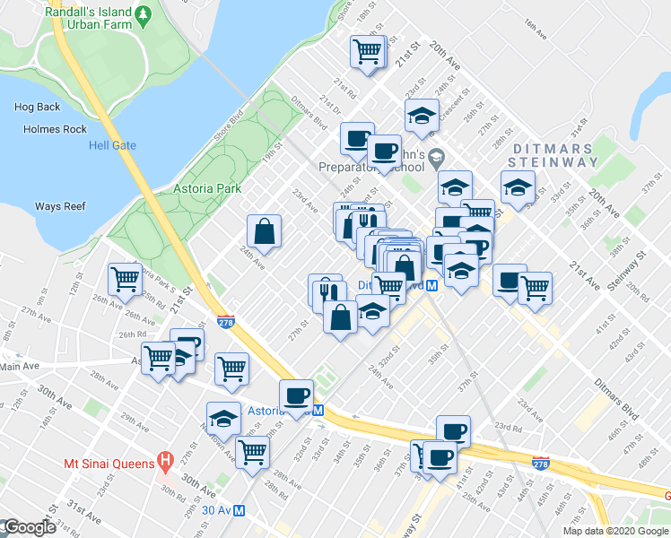 map of restaurants, bars, coffee shops, grocery stores, and more near 23-32 26th Street in Queens