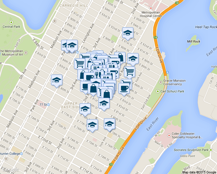 map of restaurants, bars, coffee shops, grocery stores, and more near in New York