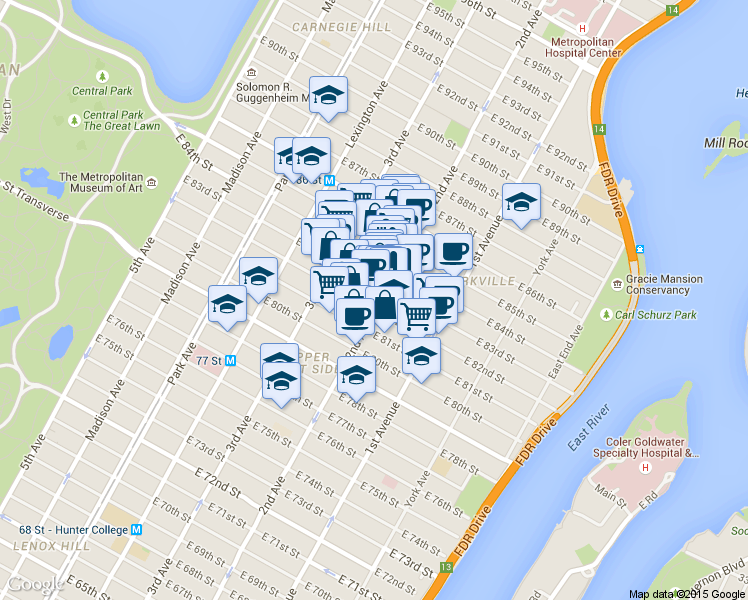 map of restaurants, bars, coffee shops, grocery stores, and more near 300-398 East 86th Street in New York