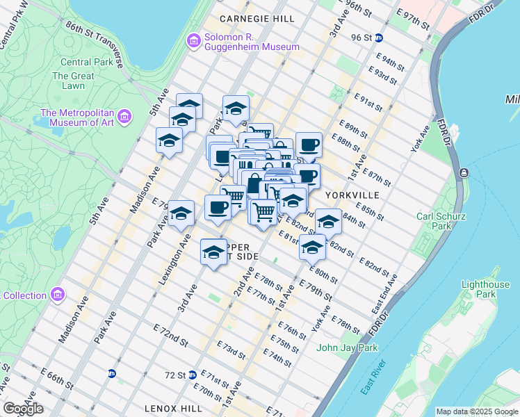 map of restaurants, bars, coffee shops, grocery stores, and more near 225 East 82nd Street in New York