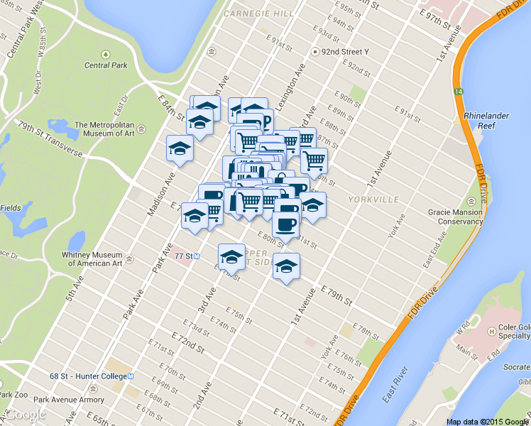 map of restaurants, bars, coffee shops, grocery stores, and more near 1445 3rd Avenue in New York