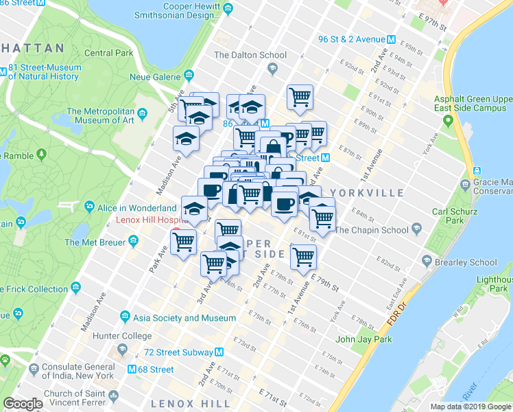 map of restaurants, bars, coffee shops, grocery stores, and more near 1445 3rd Avenue in New York