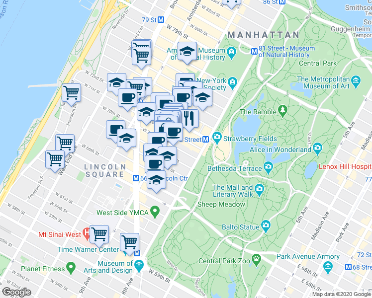 map of restaurants, bars, coffee shops, grocery stores, and more near 46 West 71st Street in New York