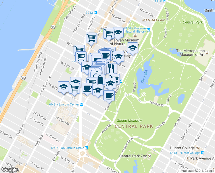 map of restaurants, bars, coffee shops, grocery stores, and more near 46 West 71st Street in New York