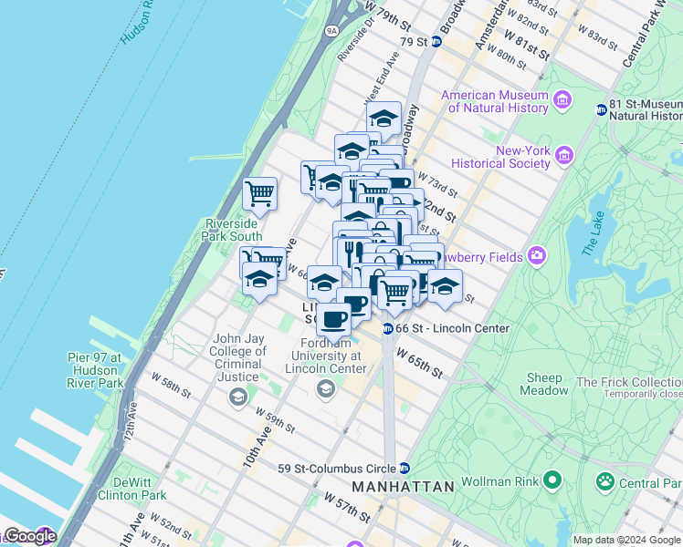 map of restaurants, bars, coffee shops, grocery stores, and more near 160 West End Avenue in New York