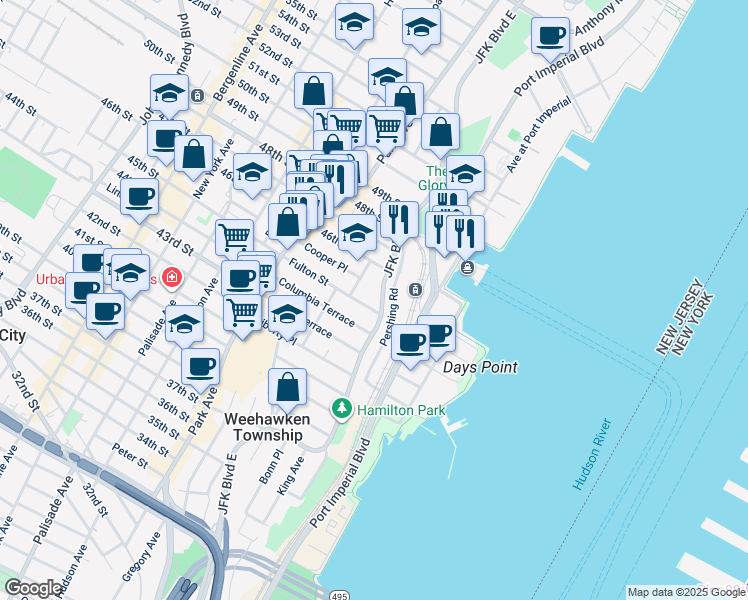 map of restaurants, bars, coffee shops, grocery stores, and more near 935 Boulevard East in Weehawken