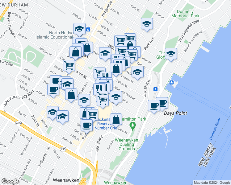 map of restaurants, bars, coffee shops, grocery stores, and more near 4300 Park Avenue in Weehawken