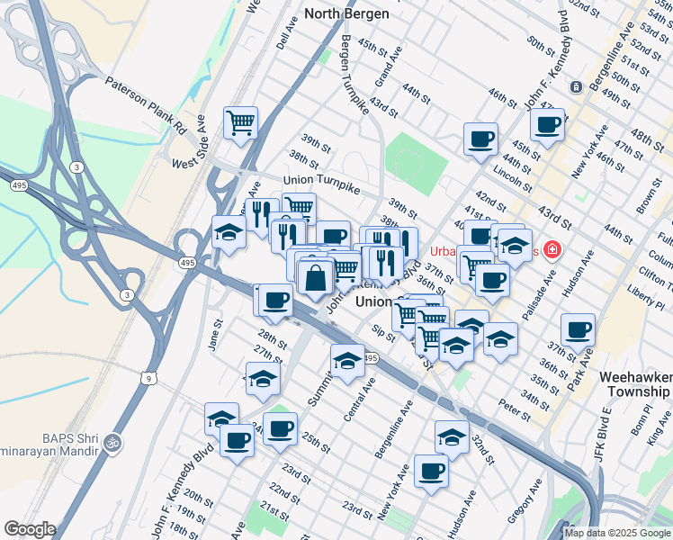 map of restaurants, bars, coffee shops, grocery stores, and more near 3161 John F. Kennedy Boulevard in North Bergen