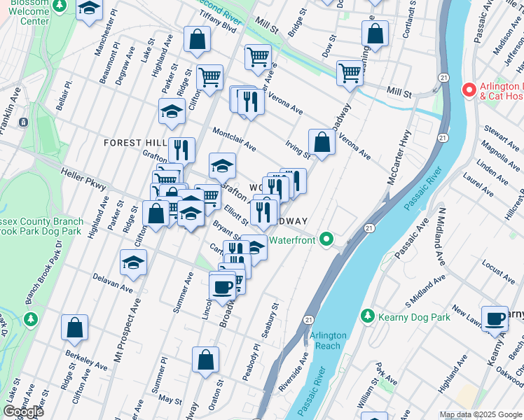 map of restaurants, bars, coffee shops, grocery stores, and more near 22 Halleck Street in Newark