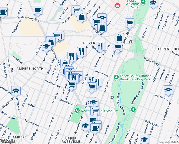 map of restaurants, bars, coffee shops, grocery stores, and more near 512 Delavan Avenue in Newark