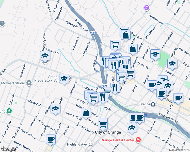 map of restaurants, bars, coffee shops, grocery stores, and more near 35 Northfield Avenue in West Orange