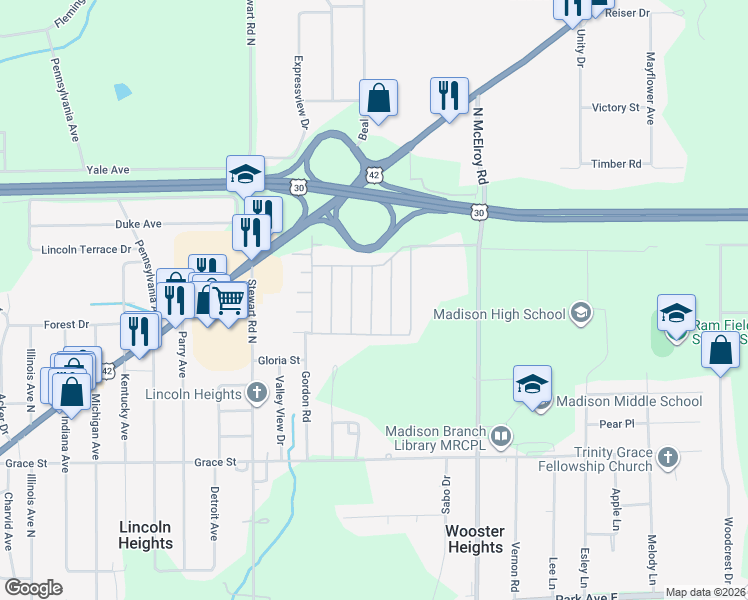 map of restaurants, bars, coffee shops, grocery stores, and more near 501-799 Skyline Road in Mansfield