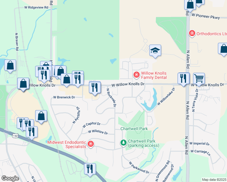 map of restaurants, bars, coffee shops, grocery stores, and more near 3116 West Willow Knolls Drive in Peoria