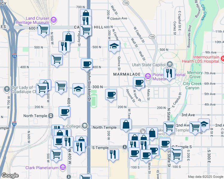 map of restaurants, bars, coffee shops, grocery stores, and more near 177 300 North in Salt Lake City