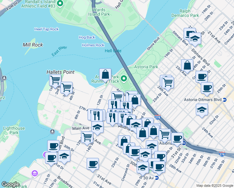 map of restaurants, bars, coffee shops, grocery stores, and more near 25-15 14th Street in Queens
