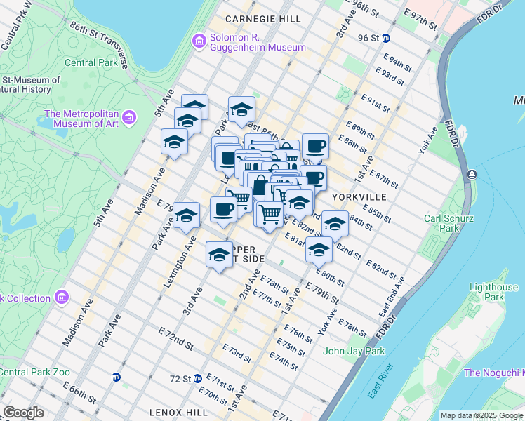 map of restaurants, bars, coffee shops, grocery stores, and more near 220 East 82nd Street in New York