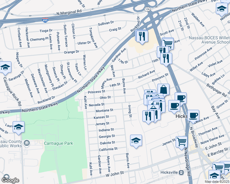 map of restaurants, bars, coffee shops, grocery stores, and more near 174 Princess Street in Hicksville